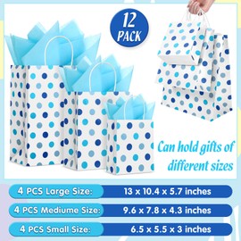 Humyoun 12 Pack Graduation Gift Bags(4 Small 6.5" 4 Medium 9.6" 4 Large 13") with Tissue Paper St. Patrick's Day Treat Bag for Mother's Day Easter Birthday Bridal Shower(Blue Dots)