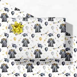 GIOLNIAY 2025 Graduation Wrapping Paper - Black & Gold Cap and Gown Design for College & High School Grad Gifts Wrap - 28 x 40 Inches, 4 Folded Sheets, Easy to Store
