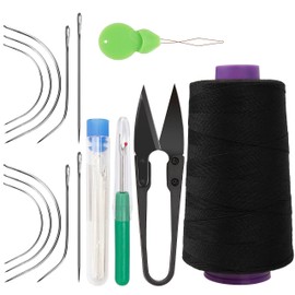 XCZYN Needle Thread Sewing Kit, Single Huge Spool 1130 Yards Each Polyester Thick Thread with Curved Needles, Needle Threader, Seam Ripper, Scissor etc for Making Wig, Sewing Hair Extension (Black)