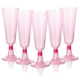 MATANA 100 Premium Pink Plastic Champagne Glasses with Glitter, 150 ml - Reusable Plastic Champagne Glasses, Plastic Champagne Flutes, Prosecco Glasses for Weddings, Parties