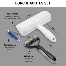 FinoPet Set of 3 Dog Brush, Cat Brush, XL Lint Roller and Tick Tweezers in Action Set, Long Hair and Undercoat Fur Brush, Pet Hair Remover, Automatic Tick Removal