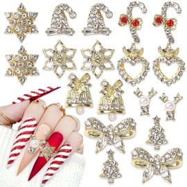 18Pcs Christmas Nail Art Charms Metallic Silver Nail Charms Shiny Snowflake Heart Christmas hat Trees Nail Rhinestones Bling Cute Crystal Nail Gems Winter Glitter Snowflake Nail Supplies for Women DIY