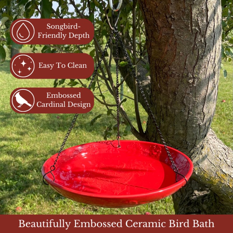 Backyard Essentials Red Ceramic Hanging Birdbath, Black Metal Chain Hanger,