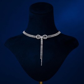 BSOKEIXD Bow Tassel Necklace Boho Butterfly Trendy Dainty Choker Sparkly Nice Chunky Short Crystal Rhinestone Bow Butterfly Pendant Necklace for Women Wedding BirthdayProm Party Bar