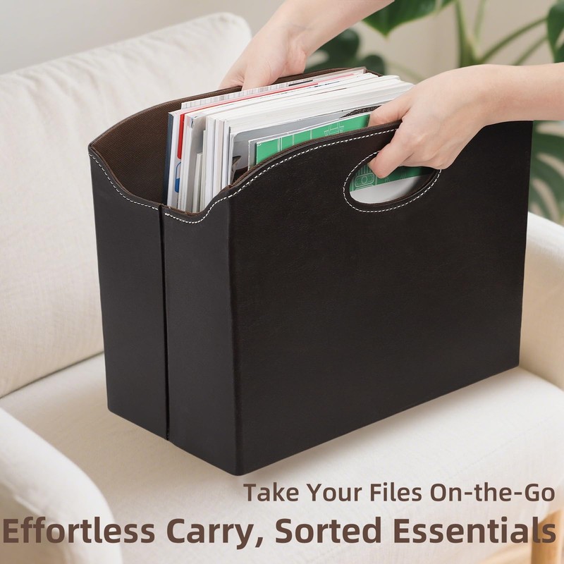 WRINGKIT PU Leather Magazine File Holder, Foldable Magazine Basket with