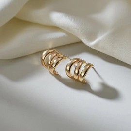 LINSIS Gold Plated / 925 Sterling Silver Triple Hoop Stud Earrings (Curvy Gold Vermeil)