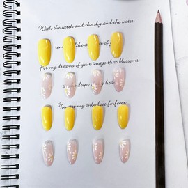 Press on Nails Short Medium Almond Fake Nails with Designs Exquisite Petal Stick on Nails Full Cover Glossy Acrylic Nails for Women Gifts Reusable Full Cover Gel Nails-24PCS (Yellow)