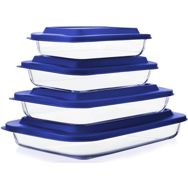 8-Piece Deep Glass Baking Dish Set with Plastic lids,Rectangular Glass Bakeware Set with BPA Free Lids, Baking Pans for Lasagna, Leftovers, Cooking, Kitchen, Freezer-to-Oven and Dishwasher, Blue