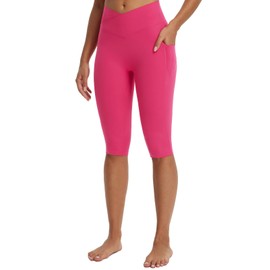 baleaf Knee Length Capri Leggings with Pockets for Women Workout Yoga Capris Pants Tummy Control Casual Exercise Pink M