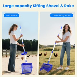 GrowCube 2-in-1 Chicken Poop Scooper & Rake, Metal Shovel Head,Adjustable 304 Stainless Steel Handle, Litter Scooper Sand Sifting Shovel for Chicken Coops & Small Farm Animals (36" to 62")