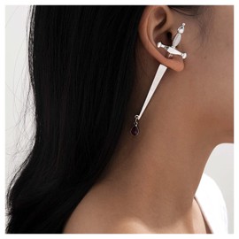 Inilbran Punk Sword Earrings Gold Cross Stud Earrings Vintage Gemstone Drop Earrings Gothic Dagger Sword Stud Earrings Jewellery for Women and Girls, Silver