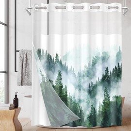 No Hook Rustic Farmhouse Shower Curtain with Snap in Fabric Liner Set, Teal Daisy Flowers and Butterfly on Wooden Double Layers Waterproof with See Through Top Bath Curtain 71x74 Inch - Color: Misty Forest, Size: 71×74inch