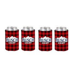 Busch Light Buffalo Plaid Can Coolers, Red and Black Checkered Pattern, Set of 4