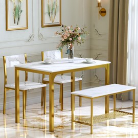 sogesfurniture 4 Piece Dining Table Set, Dining Room Set, Kitchen Dinner Table with Benches for 4, Includes Table, 2 Chairs & Bench, White Gold