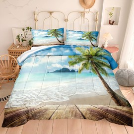 Bedbay Beach Comforter Set Twin Size Ocean Beach Themed Bedding Set Tropical Coastal Palm Tree Comforter Beach Quilt Set 1 Comforter 1 Pillowcase (Beach, Twin)