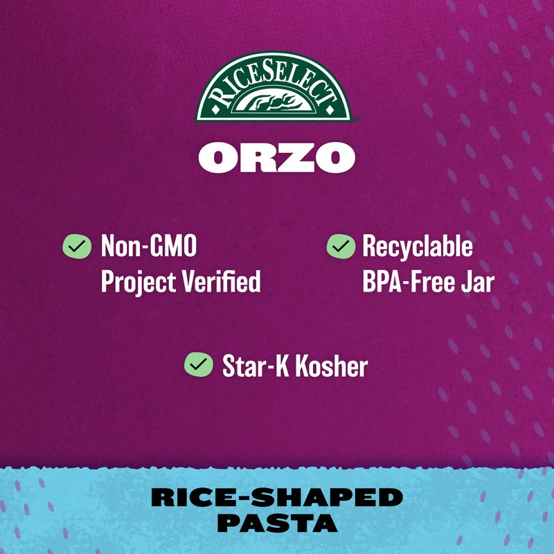 RiceSelect Orzo Rice-Shaped Pasta, Premium Non-GMO Orzo Pasta, 26.5-Ounce Jar