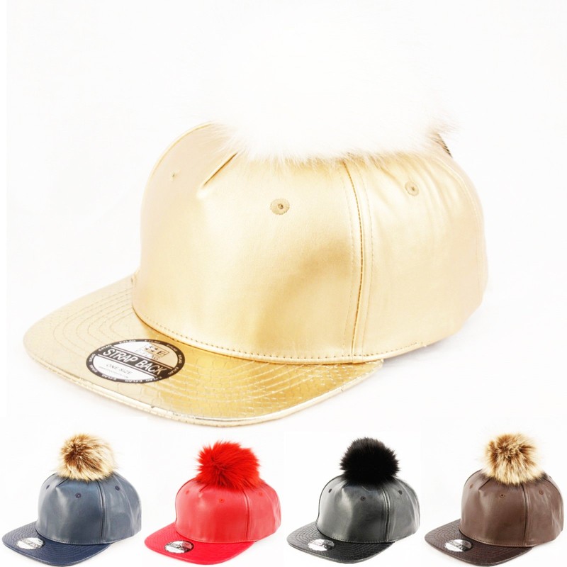 Pom Pom Baseball Cap/Fuax Leather (RED)