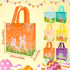 6PCS Easter Tote Bags, Easter Gift Bags with Handle, Non-Woven Reusable Gift Bag Bunny Easter Egg Hunt Party for Gifts Wrapping, Easter Treat Bags for Holiday Favors, 22.5 x 22.5 x 11 cm