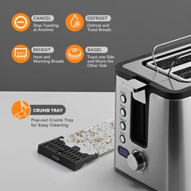 Mecity Toaster 2 Slice Stainless Steel Body, Timer, Bagel, Defrost, Reheat, Cancel Functions, Warming Rack, Removable Tray, 6 Browning Settings, Extra Wide Slots, Bread Toaster 800W