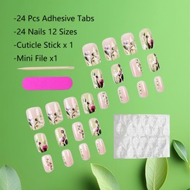 KTAABTR Flower Press on Nails Medium Square 3D Flowers Fake Nails with Glue Spring Floral Acrylic Nails Stick on Nails for Woman Girls DIY Manicure 24Pcs Glossy False Nails Decoration Set
