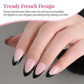 evpct French Tips Press on Nails Short Almond for Women Gift, Light Neutral + Black Tip, Soft Gel Press Glue On Nail with Nail Glue, Supremely Fit Full Cover, Reusable Acrylic Fake Nails Manicure Kit
