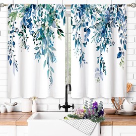 oolygoo Teal Eucalyptus Botanical Leaves Floral Small Kitchen Curtains Blue Flower Window Treatment Wildflower Plant Cafe Short Window Curtains for Bathroom Room Tier Treatment Drapes 27.5x39 inch