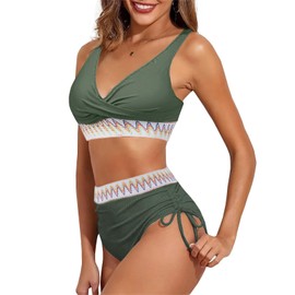 High Waisted Bikini Sets for Women, 2PCS V Neck Tummy Control Ruched Drawstring Swimwear for Ladies Beach Pool Bathing Suit