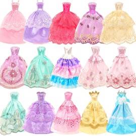 Miunana 27-Piece Set of Clothes and Jewellery Accessories for Dolls, 10 Wedding/Party/Evening Dresses, 5 Pairs of Shoes, 6 Chains and 6 Crowns