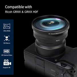 FotoZ Lente de conversión macro y gran angular de 49 mm, 0.75x, lente HD 2 en 1 con capucha de lente, lente y anillo adaptador de filtro para Ricoh GR3X y GR3X HDF