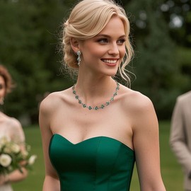 Ever Faith Wedding Prom Jewelry Set for Bridesmaid, Gorgeous Marquise Rhinestone Crystal Cluster Leaf Choker Necklace Dangle Earrings for Women Green Silver-Tone