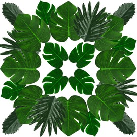 PietyPet Artificial Palm Leaves, 48 Pieces 4 Kinds Artificial Tropical Leaves Plant Palm Luau Party Faux Monstera Leaves for Hawaiian Luau Party Jungle Beach Table Leave Party Decorations