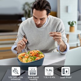 SOHIDA Electric Lunch Box, 12V/24V/110V Portable Food Warmer with SS Fork & Spoon for Car/Truck/Office, 80W Self Heating Lunch Box with 1.5L 304 Stainless Steel Container & 0.45L PP Fruit Box Black