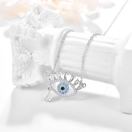 KINGWHYTE Evil Eye Necklace 925 Sterling Silver Turkish Evil Eye Pendant for Women Silver Gold Rhinestone Teardrop CZ Eye Necklace Protection Amulet Luck Jewelry, Sterling Silver Sterling silver