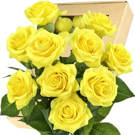 FiveSeasonStuff 10 Stems Real Touch Roses Artificial Flower Silk Roses ‘Petals Feel and Look like Fresh Roses' Bouquet of Flowers Floral Arrangements (Yellow #7)