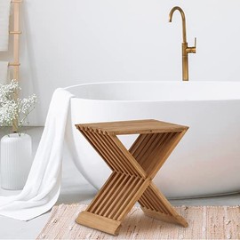 Rose Home Fashion Teak Wood Shower Stool 17" Folding Seat Fully Assembled Waterproof Bench in Bathroom Inside Corner Chair