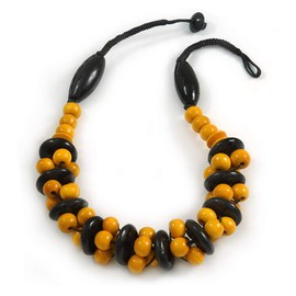 Avalaya Yellow/Black Chunky Wood Bead Cotton Cord Necklace - 48cm Long