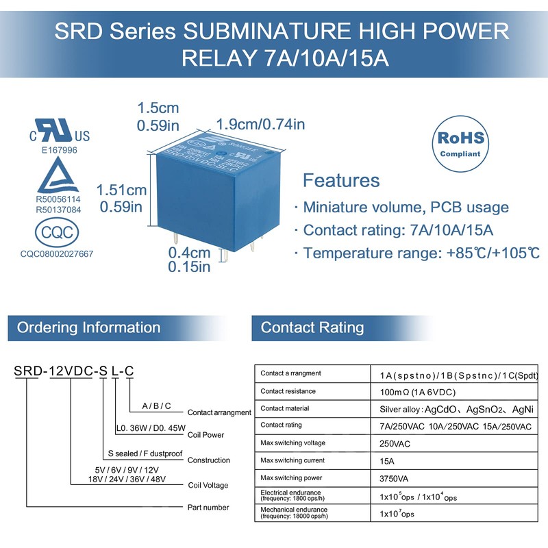 12 Pcs PC Board Relay 5 Pin PC Relay SRD-05VDC-SL-C
