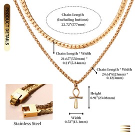 Rofusn Gold Layered Ankh Necklace for Men: Stainless Steel Egyptian Coptic Ankh Jewelry Gifts