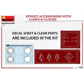 MiniArt MIN35639 1:35-Street Accessories w/Lamps & Clocks Scale Model kit, Molded Color
