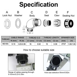 LeMotech M16 Cable Gland, 90 Degree Adjustable 6-10mm Strain Relief, Cord Connectors Nylon Joints with Gaskets, 2 Pcs, Black