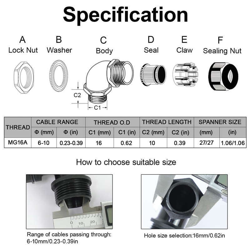 LeMotech M16 Cable Gland, 90 Degree Adjustable 6-10mm Strain Relief,