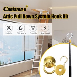 Attic Ladder Pull System Cord Kit - Canlaten·U Attic Pull Down System Hook Parts Replacement for Cord Ropes with 60 Inch Extension Pole and Copper Storage Hook Handle Parts Tool