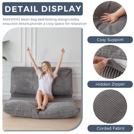 MAXYOYO Bean Bag Bed Folding Sofa Bed for Adults, Extra Thick and Long Floor Sofa with Corded Cover, Charcoal, 39x95 Inch