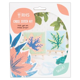 RHS Royal Horticultural Society Mini Cross Stitch Kit Leaves Patterns, for Kids, Beginners Stitching Crafts, Cross-Stitch, Accessories Includes Yarn, Canvas, Needle and Threads