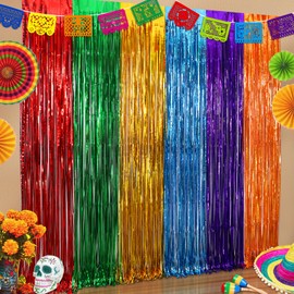 4 Packs Fiesta Party Foil Fringe Curtains with Felt Papel Picado Mexican Party Banner Metallic Tinsel Streamers Fiesta Backdrop Party Photo Booth Props Cinco De Mayo Decorations