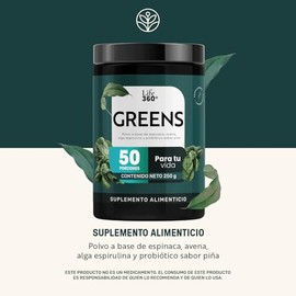 Life 360 Greens, Jugo Verde en Polvo con Espirulina, Espinaca, Arndano, Resveratrol, Pre y Probiticos  Sabor Pia  50 Porciones                        