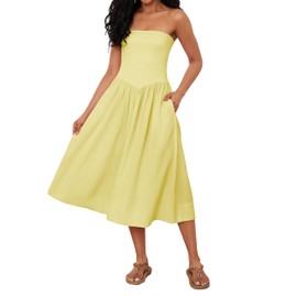 Livtany Livtany Women Off Shoulder Midi Dress Strapless Sleeveless Drop-Waist A Line Tube Dress Trendy Summer Swing Patchwork Dress Yellow