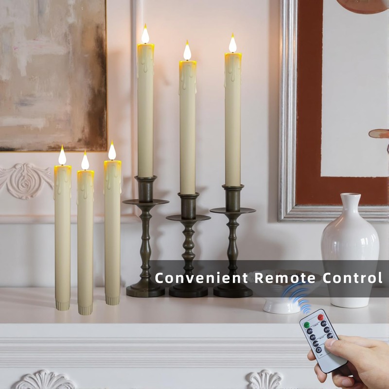 SUNGEGE Rechargeable Flameless Taper Candles – 6-Pack, 9.9-Inch, Ivory Plastic,
