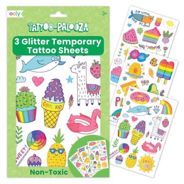 OOLY Glitter Tattoo-Palooza Over 50 Safe Non-Toxic Temporary Tattoos for Kids, Fake Tattoos as Party Favors for kids 4-8, Goodie Bag Stuffers for Birthday Party Supplies [Cute Doodle World]