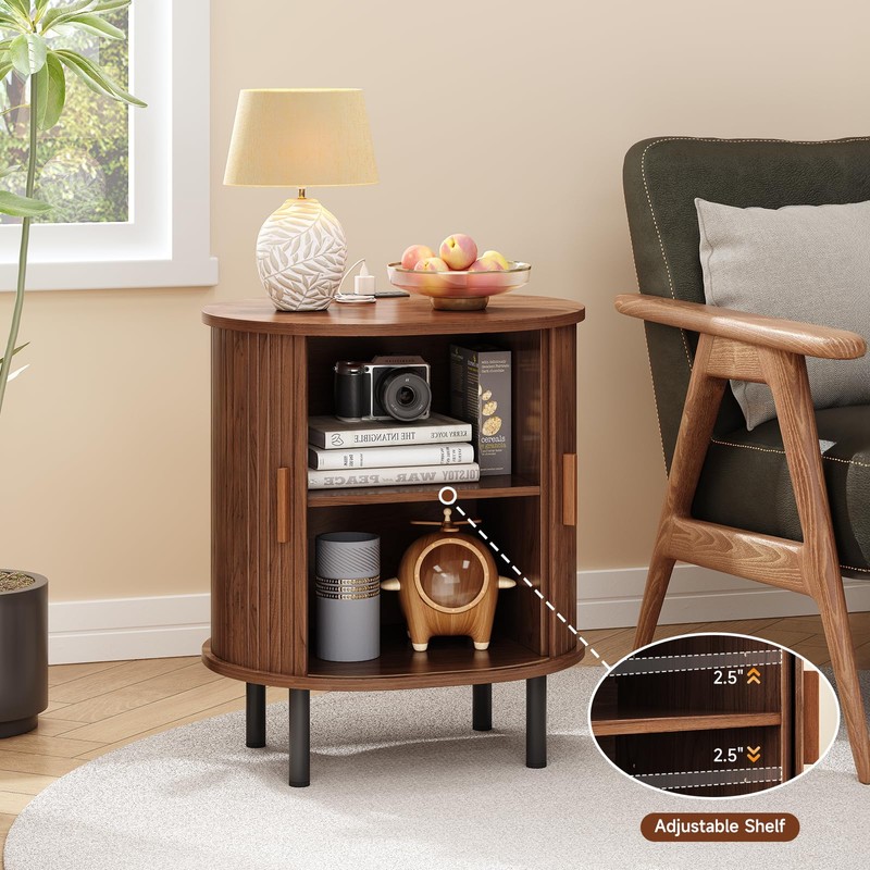 ONBRILL Oval End Table with Storage & Charging Station, Fluted